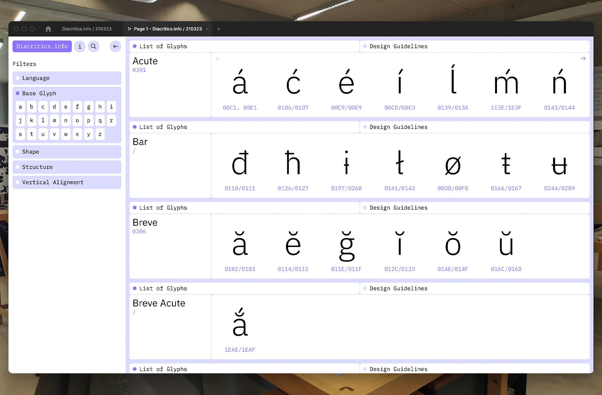 Research Project screenshot showing the home page of diacritics.info website